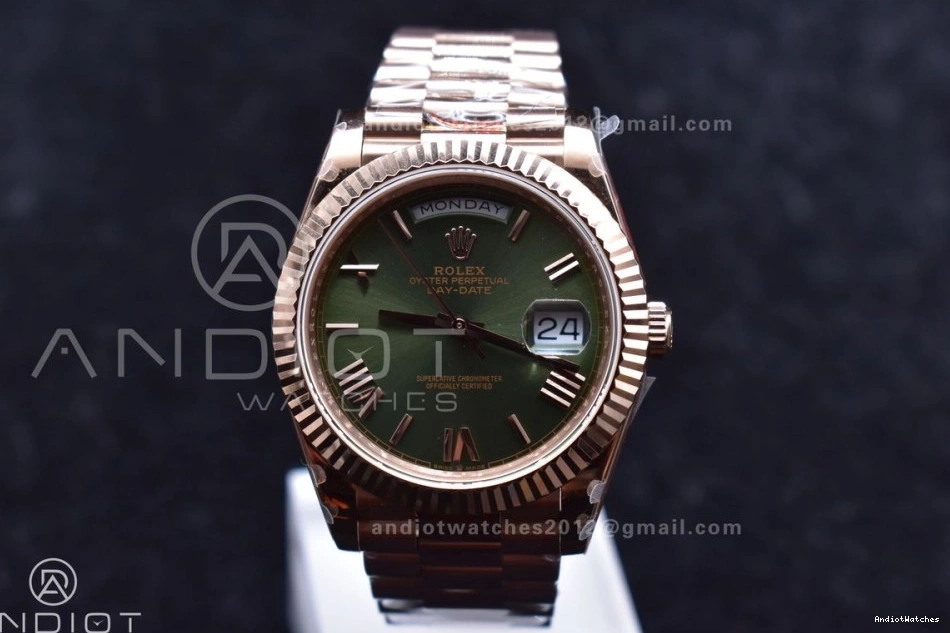 DayDate Markers FashionForward Steel Bracelet RG Roman V 904L on Tungsten GMF President 40 Weighted Dial 709 A2836 Green 1026